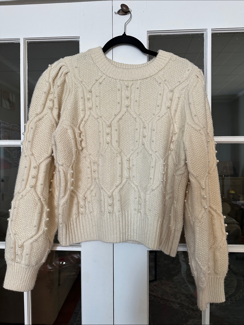 Marled Cream Cable-Knit Pearl Accent Crewneck Sweater